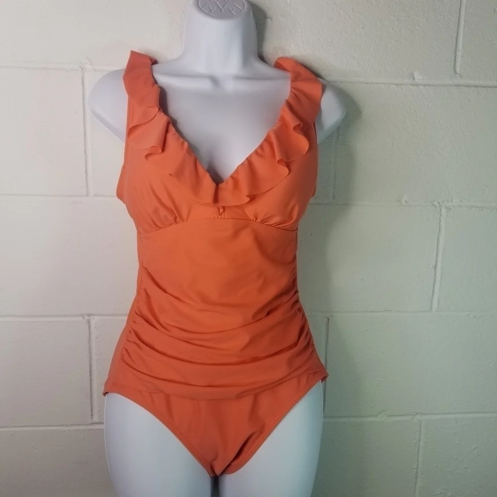 DKNY coral ruffle ruched one piece swimsuit - Picture 3 of 11